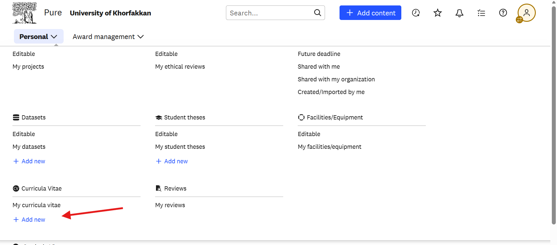Curricula Vitae in the Personal menu: My curricula vitae and + Add new.
