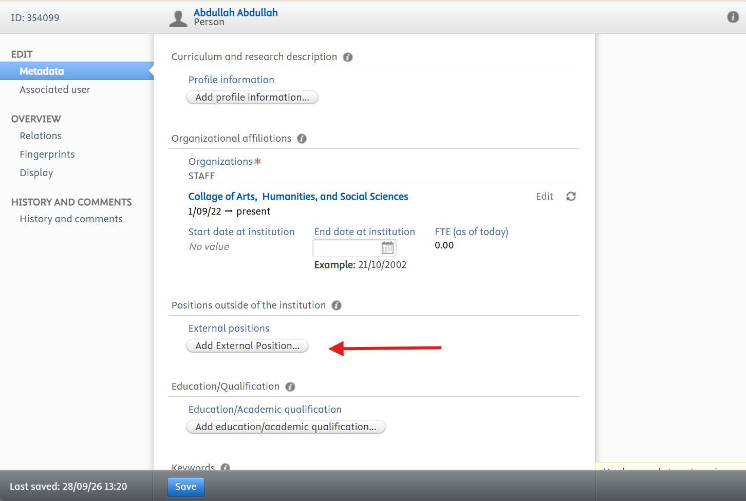 Positions outside of the institution: Add External Position.