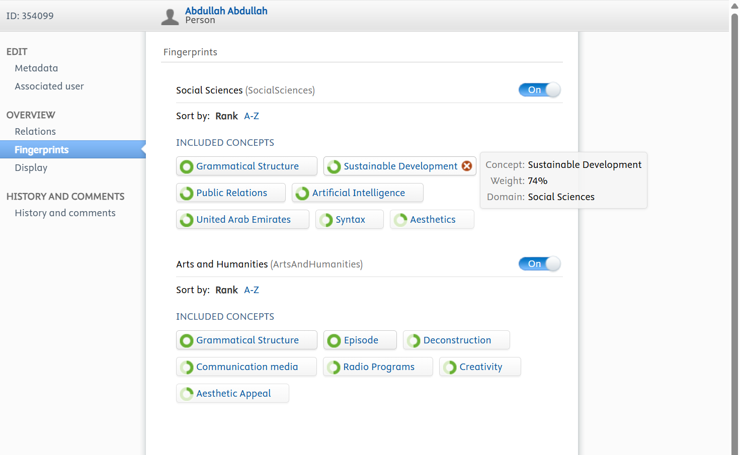 The Fingerprints page in the profile editor.