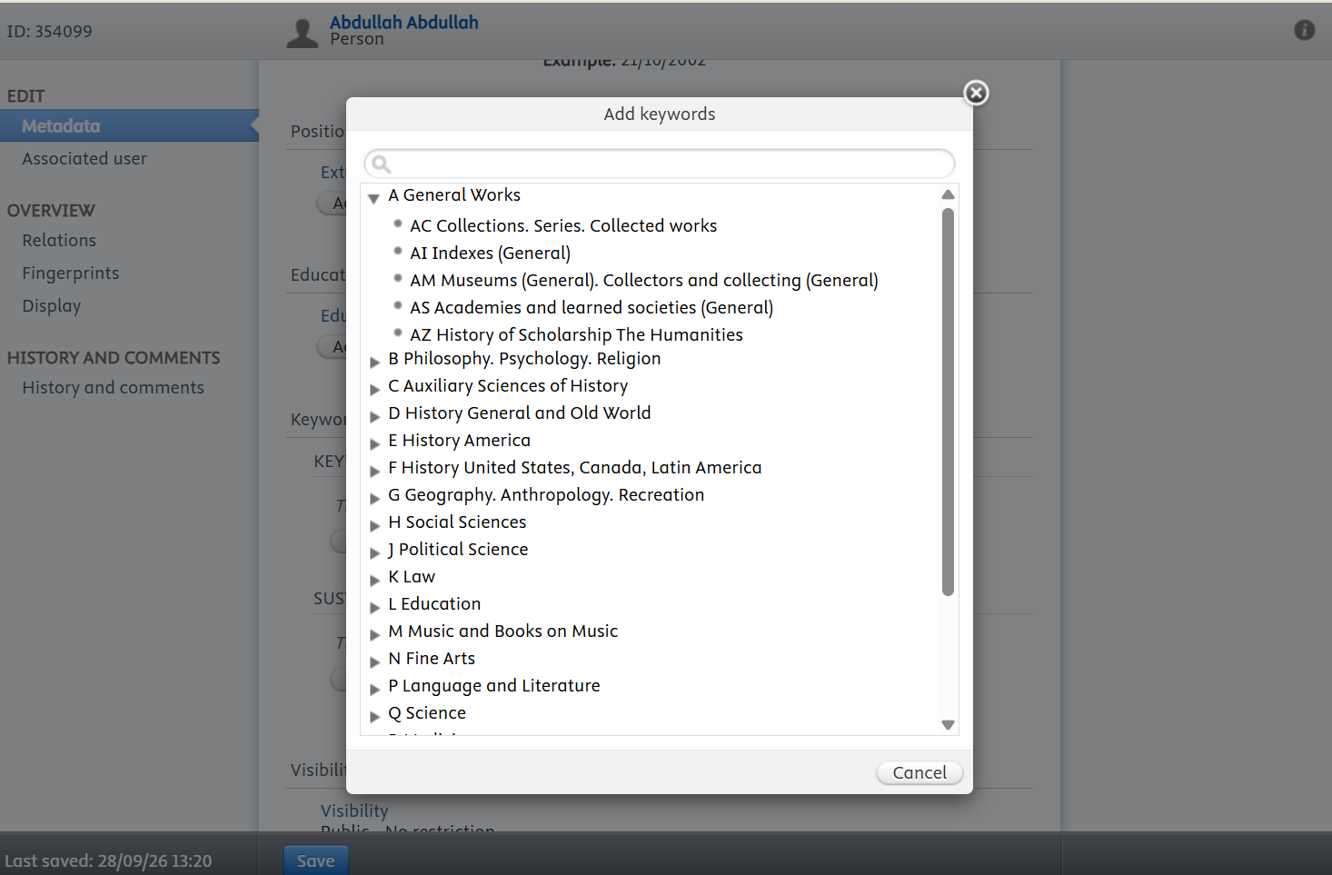 Selecting keywords from the list.