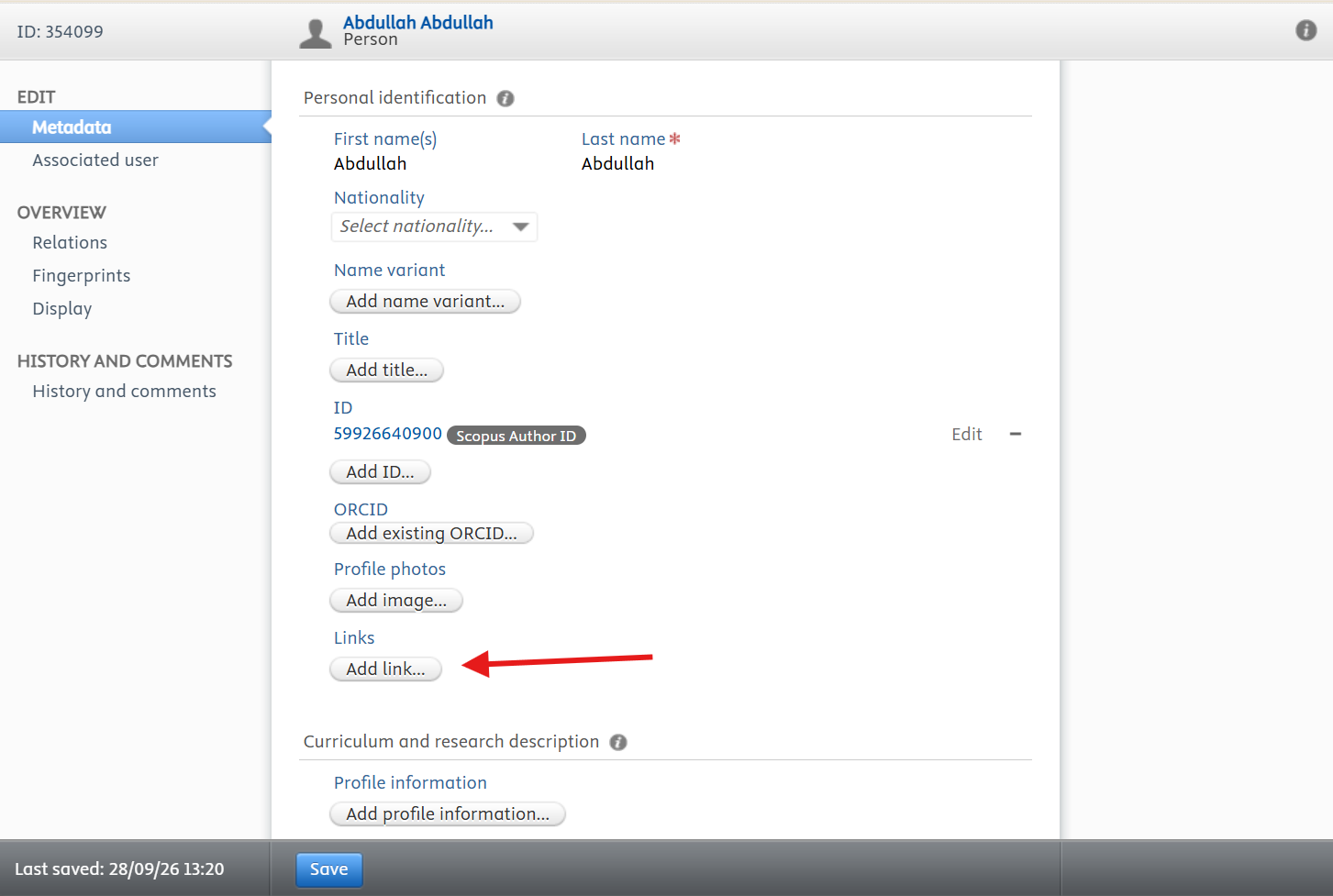 Personal identification: Links, with the Add link option.
