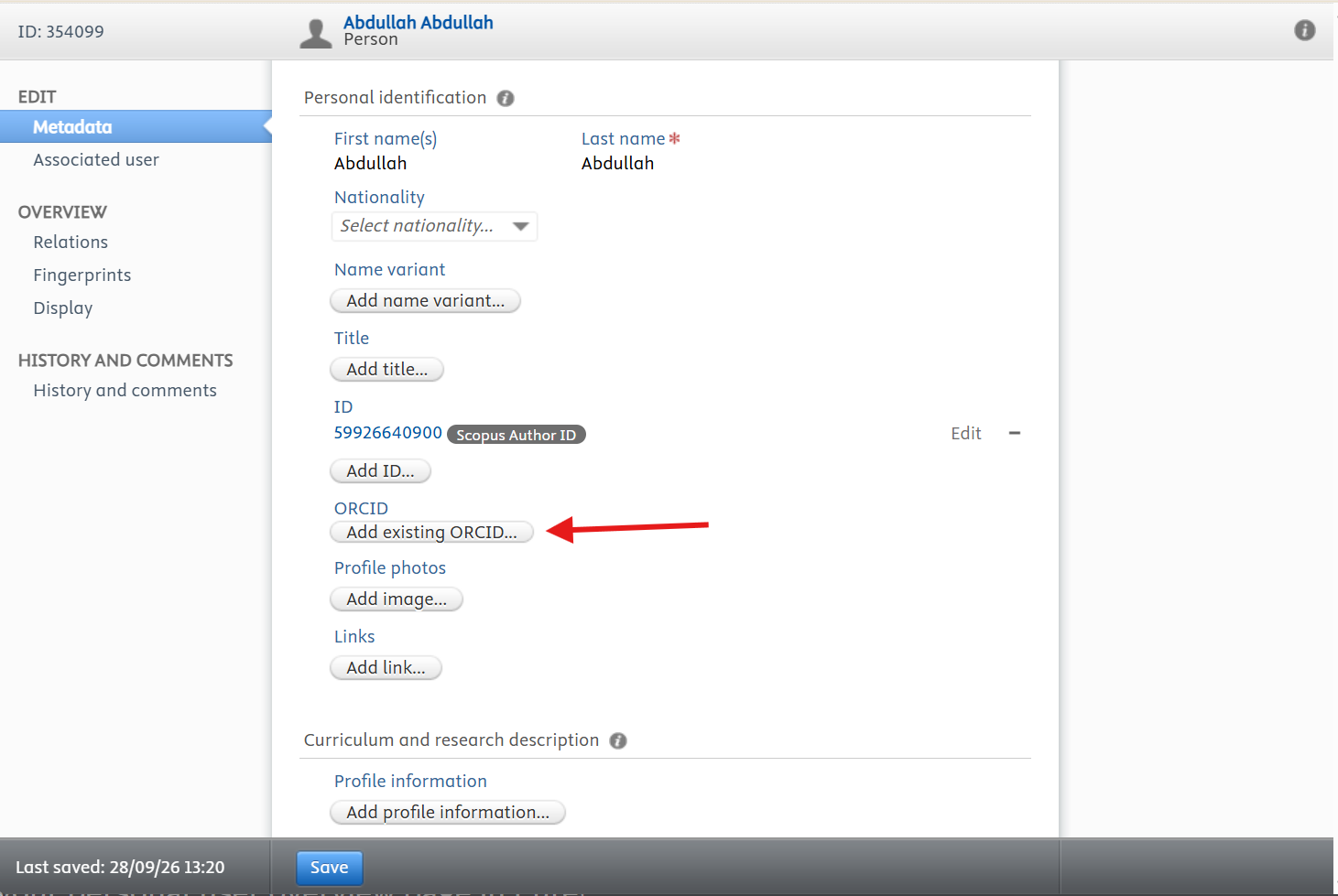 Personal identification: Add existing ORCID.