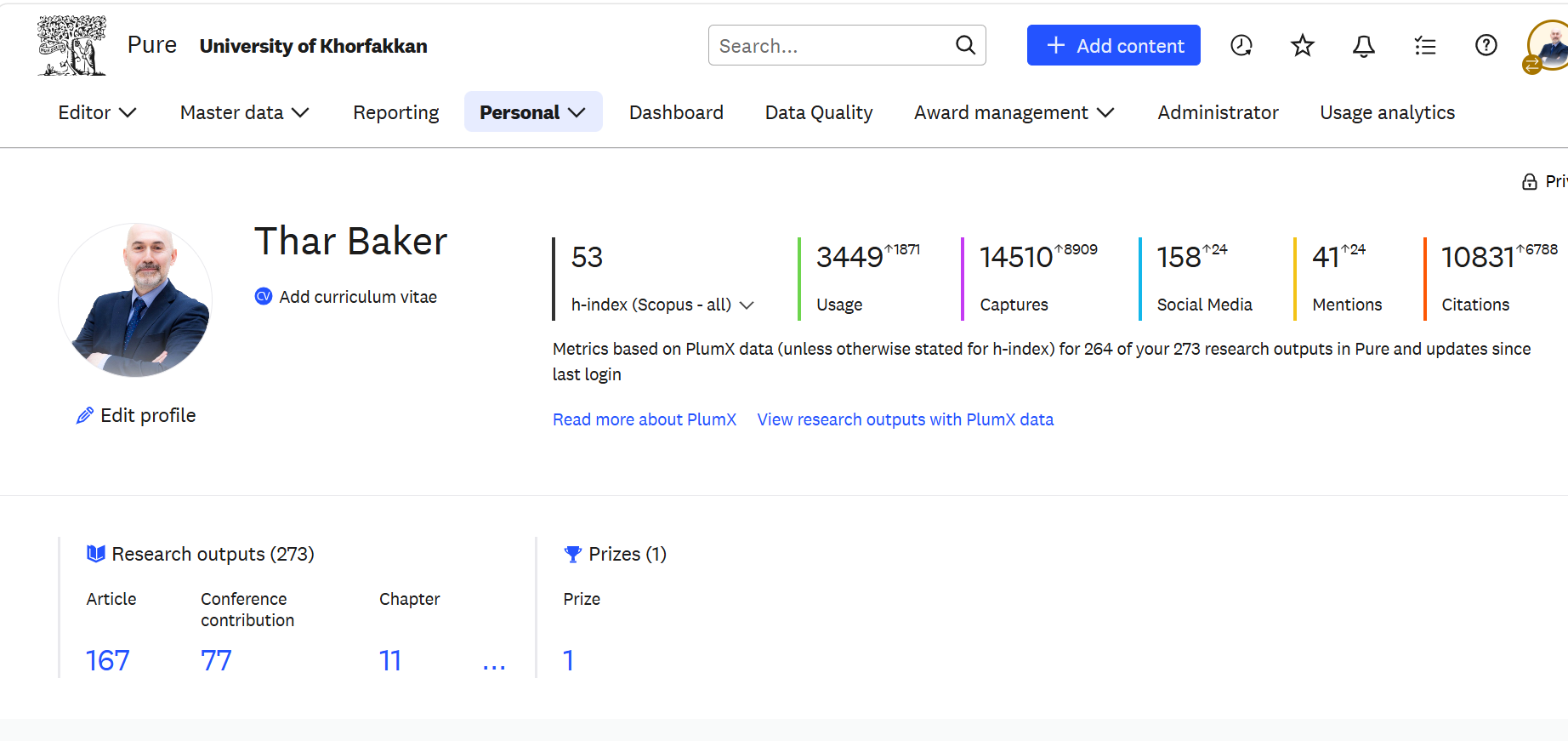 Your Personal overview, with the Edit profile link under your photo.