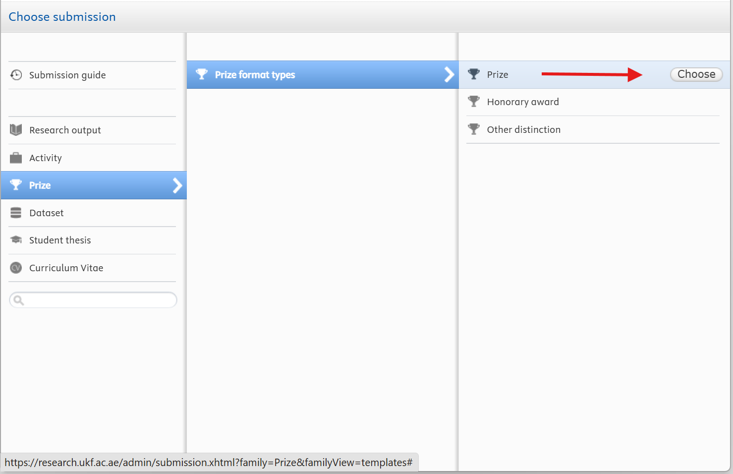 The Choose submission page, with Prize and its format types.