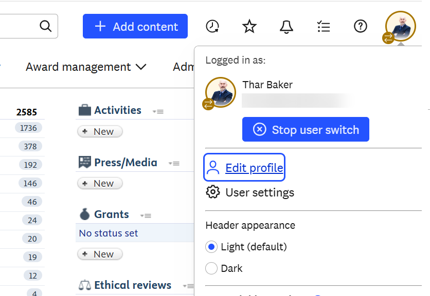 Opening the profile editor from the user menu.